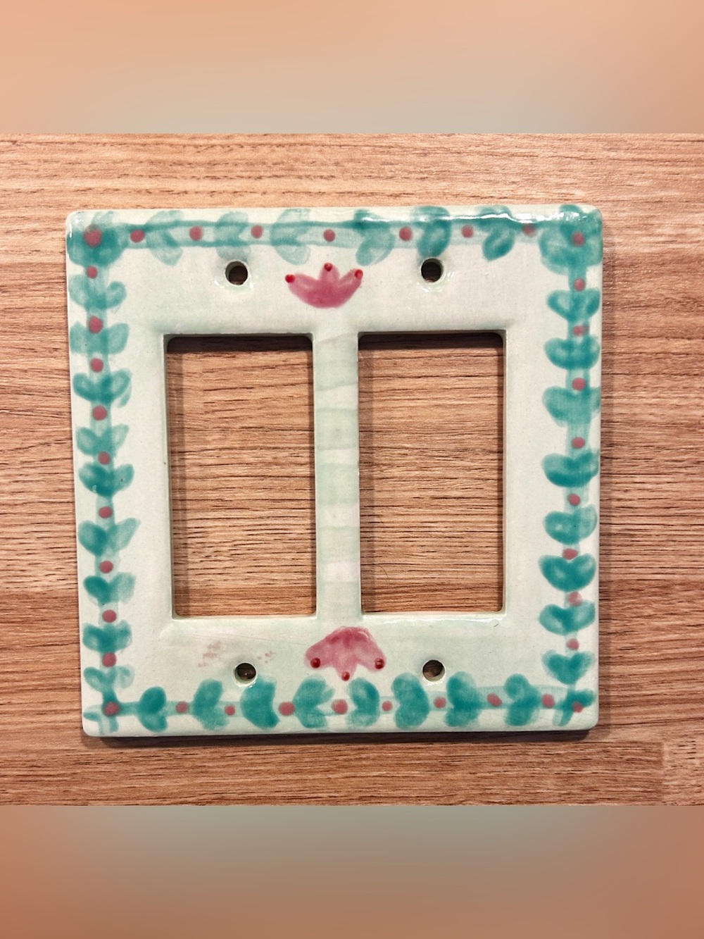 Hand Painted Glazed Ceramic Double Rocker Light Switch Plate Cover | Green Vine